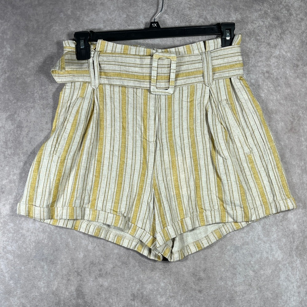 Voy‎ Shorts Womens Large Tan Yellow Striped Cotton Boyfriend Belted Cuffed NEW